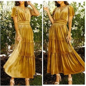Gold Velvet Tiered Smocked Formal Maxi Dress